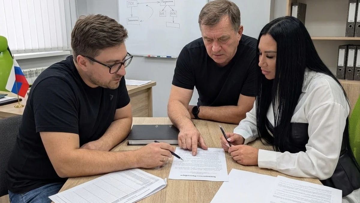 Трое людей обсуждают семейные финансовые вопросы и документы