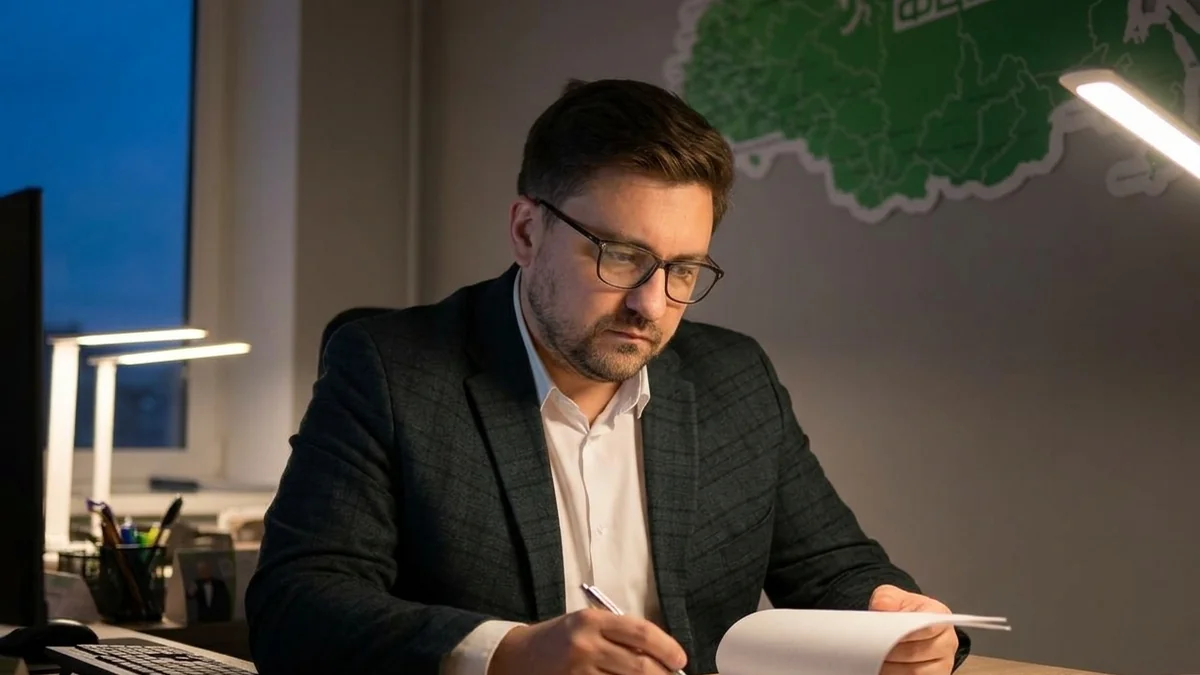 Мужчина проверяет пакет документов за рабочим столом