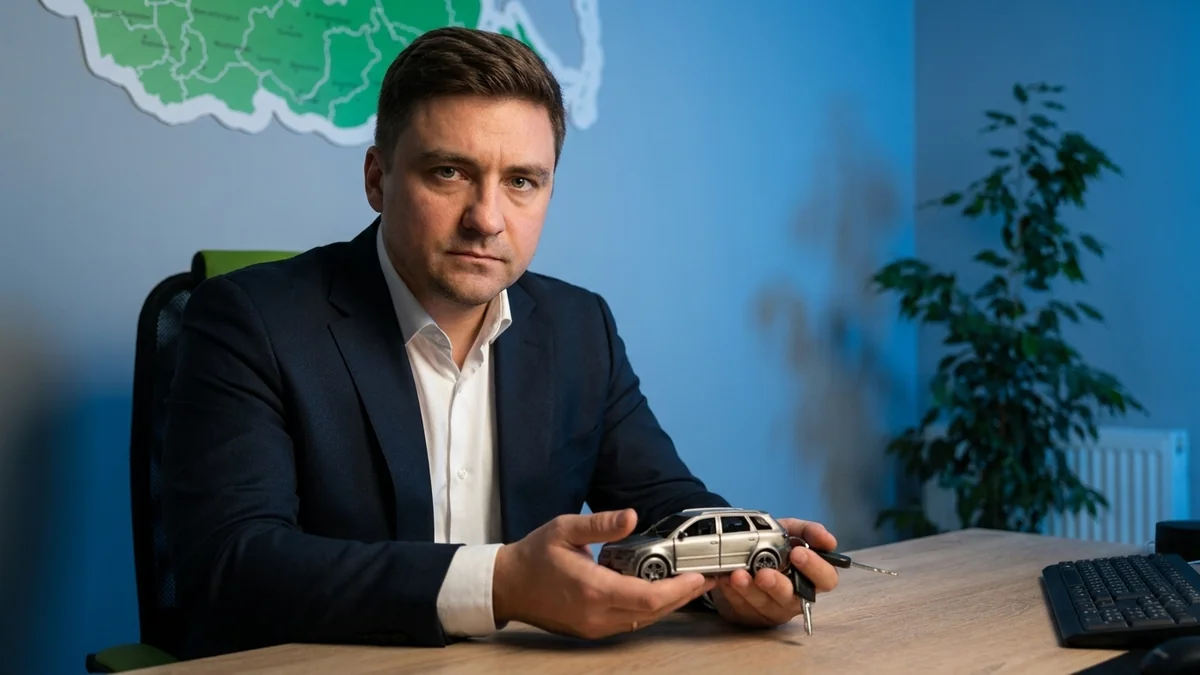 Мужчина держит модель автомобиля и ключи, иллюстрация к теме имущества